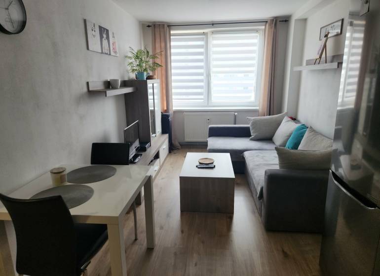 Nappali egy kétszobás lakásban kanapéval és fa mintázatú padlóval.