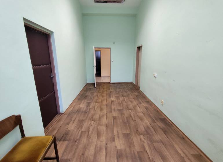 Irodák fa dekor padlóval, zöld falakkal, Érsekújvár.