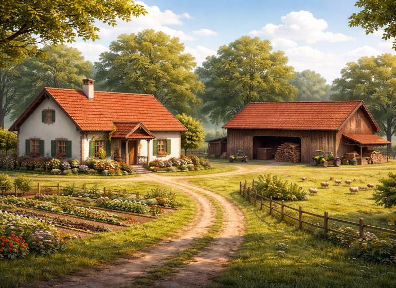 Családi ház Zákopčieban, virágokkal, kerttel és mezőkkel körülvéve, mellette egy pajta traktorral.