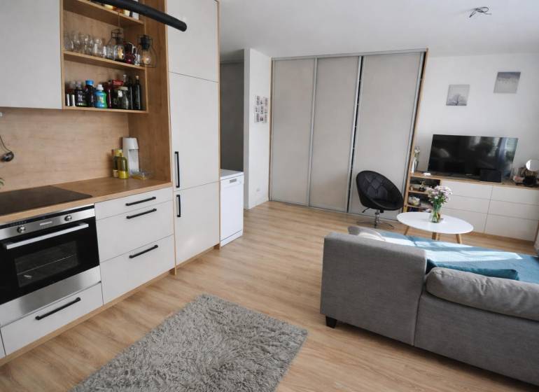 1 szobás lakás belső tere szürke kanapéval, konyhabútorral és fa dekorációjú padlóval.