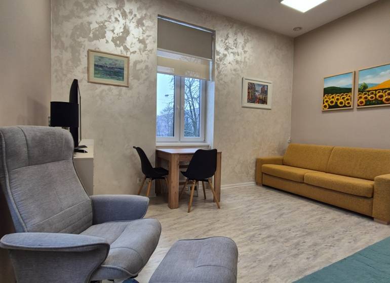 Nappali egy egyszobás lakásban, fotellel, kanapéval és asztallal, fa dekor padlóval.