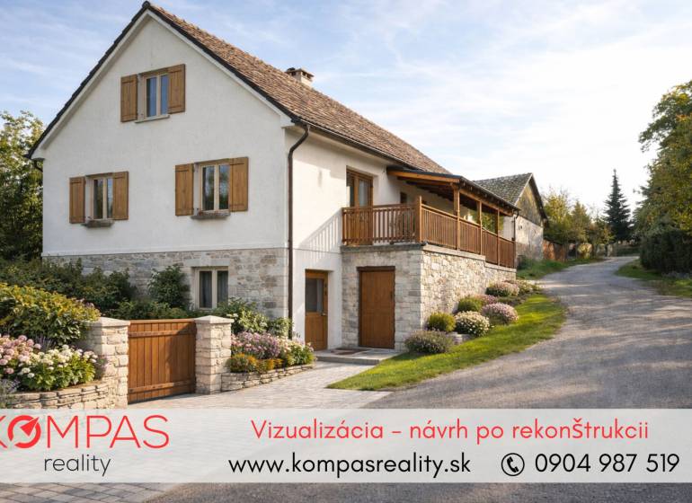 Kőből épült családi ház fa zsalugáterekkel a Vígľašská Huta-Kalinka kereskedelmi területein.