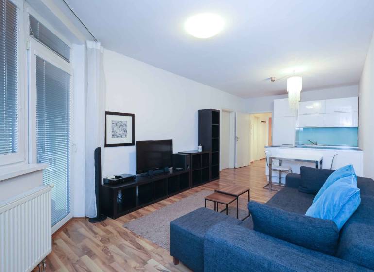 Két szobás lakás nappalija fa dekor padlóval és stílusos bútorokkal.