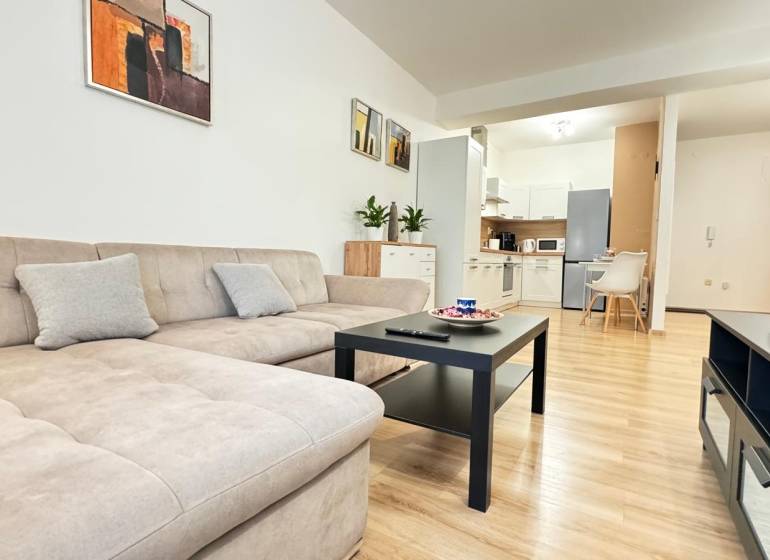 Nappali kanapéval, fa dekorációjú padlóval és konyhával egy kétszobás lakásban.