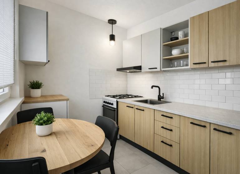 Konyha egy háromszobás lakásban fa dekorációval, fehér csempékkel és kerek asztallal.