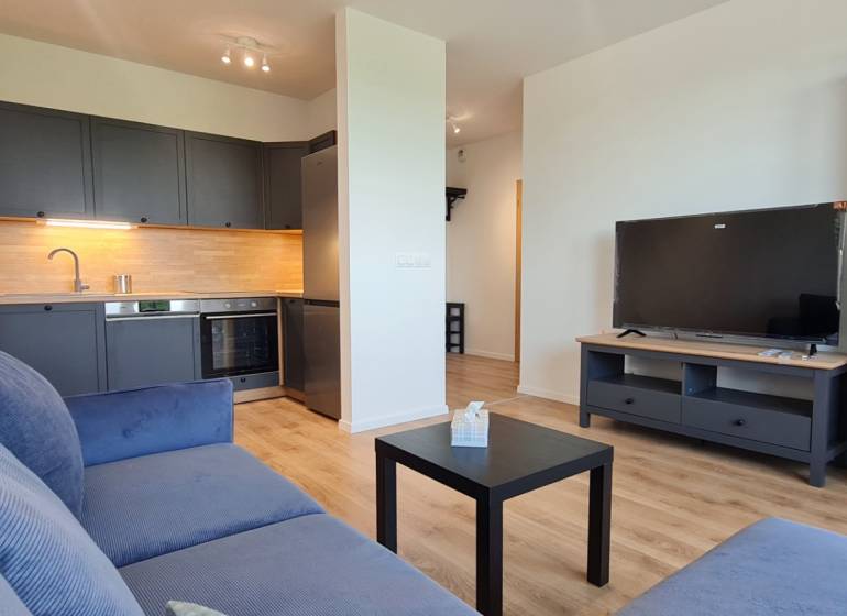 Nappali konyhasarokkal, szürke kanapéval és fa dekorációjú padlóval egy kétszobás lakásban.