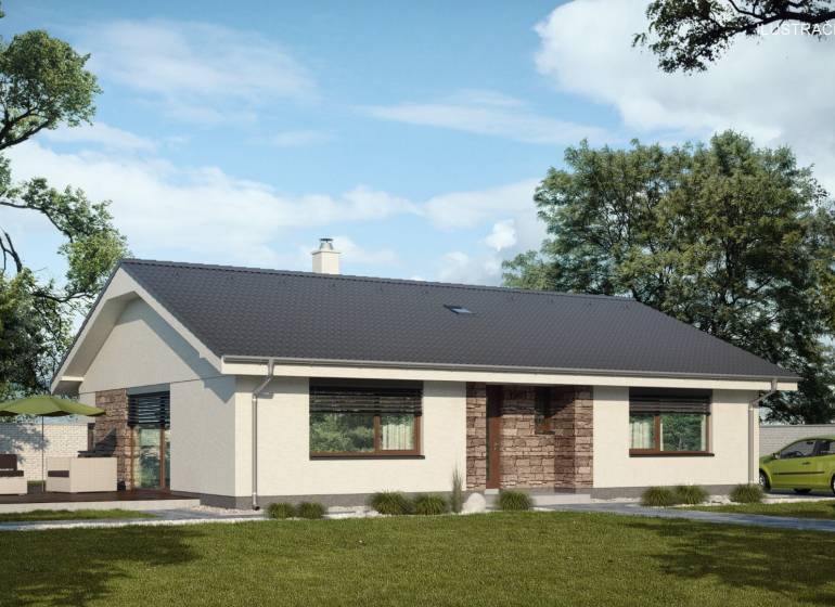 Családi ház terasszal Érsekújváron, fákkal körülvett utca, zöld autó.