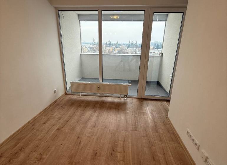 Nappali egy egyszobás lakásban, fa dekorációjú padlóval és nagy ablakokkal.