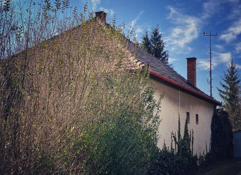 Családi ház Felsőkelebányán, sűrű növényzettel és sűrű fákkal körülvéve.