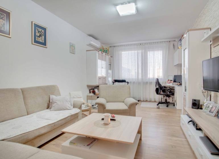 Nappali kanapéval és televízióval egy háromszobás lakásban, fa dekorációjú padlóval.