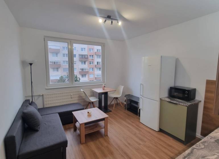 Egyszobás lakás nappalija kanapéval, asztallal és fa dekor padlóval.