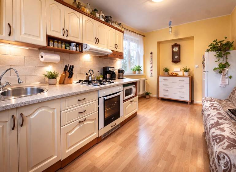 Konyha egy kétszobás lakásban fa mintázatú padlóval, világos konyhabútorral és növényekkel.