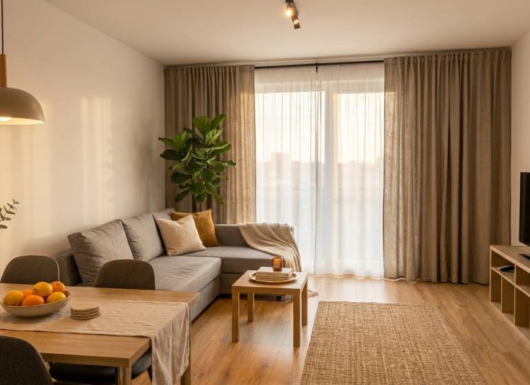 Nappali egy kétszobás lakásban fa dekorációjú padlóval.