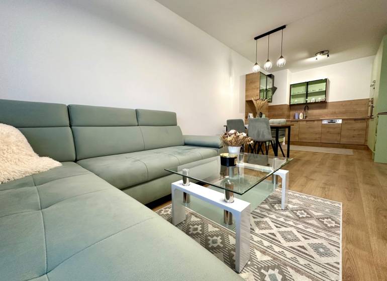 Nappali egy kétszobás lakásban, fa mintázatú padlóval és kényelmes kanapéval.