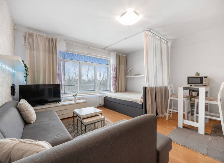 1 szobás lakás nappali része kanapéval, TV-vel, étkezőasztallal és ággyal.