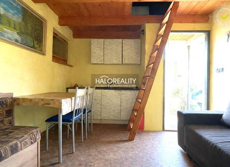 A faház belső tere fa mennyezettel, létrával és fa dekorációjú padlóval.