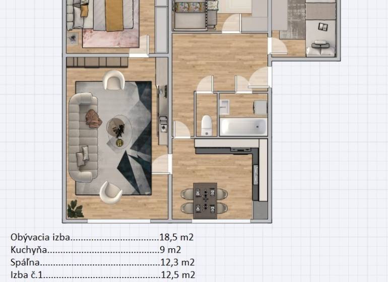 Négy szobás lakás alaprajza fa dekor padlóval, világos szobák, fürdőszoba, konyha.