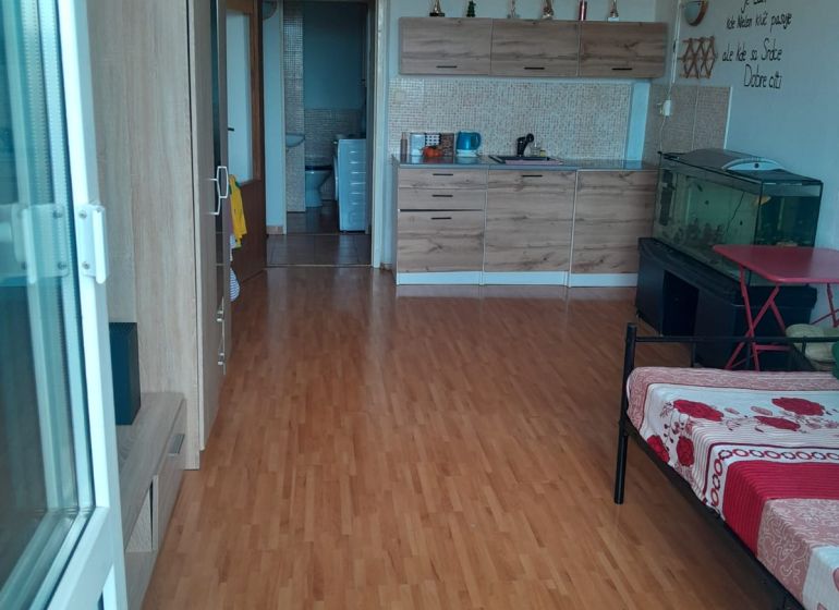Garzonlakás fa dekor padlóval, konyhapulttal és egy akváriummal a sarokban.