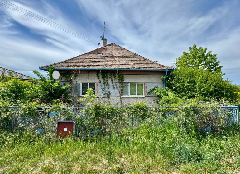Családi ház Hajná Újfaluban, benőtt kerttel és ferde tetővel.