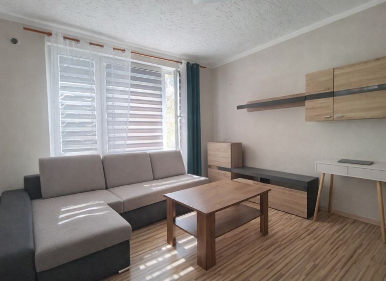 Nappali kanapéval, fa mintázatú padlóval és bútorokkal egy egyszobás lakásban.