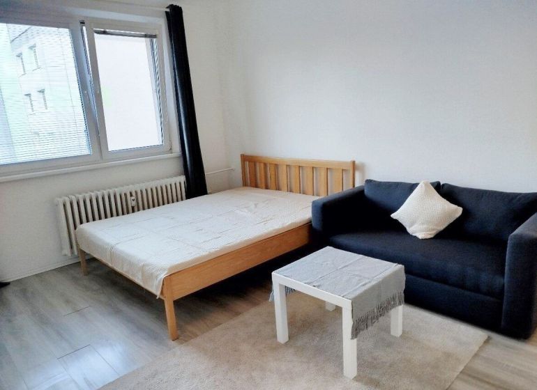 Egy szobás lakás ággyal, kanapéval és asztallal; fa dekorációjú padló.