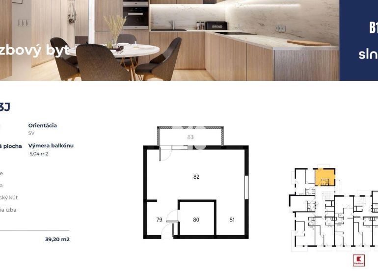 1 szobás lakás fürdőszobával, konyhasarokkal, nappalival és erkéllyel, teljes terület 39,20 m².