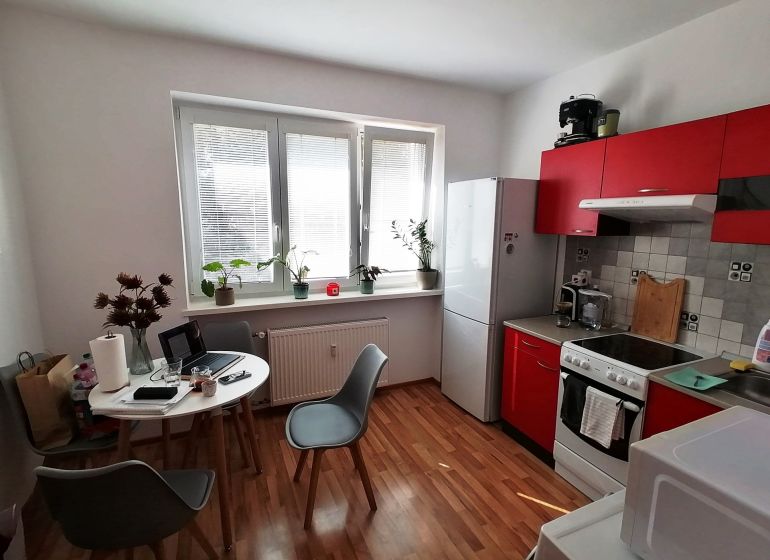 Konyha egy egyszobás lakásban fa dekor padlóval és piros konyhabútorral.