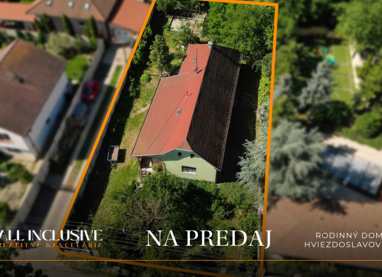 Családi ház madártávlatból Hviezdoslavovban, zölddel és kerttel körülvéve.