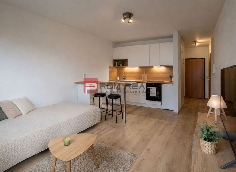Nyaraló apartman fa hatású padlóval, kanapéval, konyhával és televízióval.