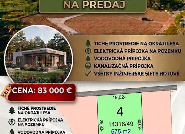 A 4-es számú telek eladása Studienka szélén, Pod Borovicou, lakóövezetben.