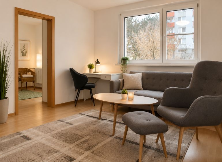 Nappali egy kétszobás lakásban kényelmes ülőhellyel és asztallal.
