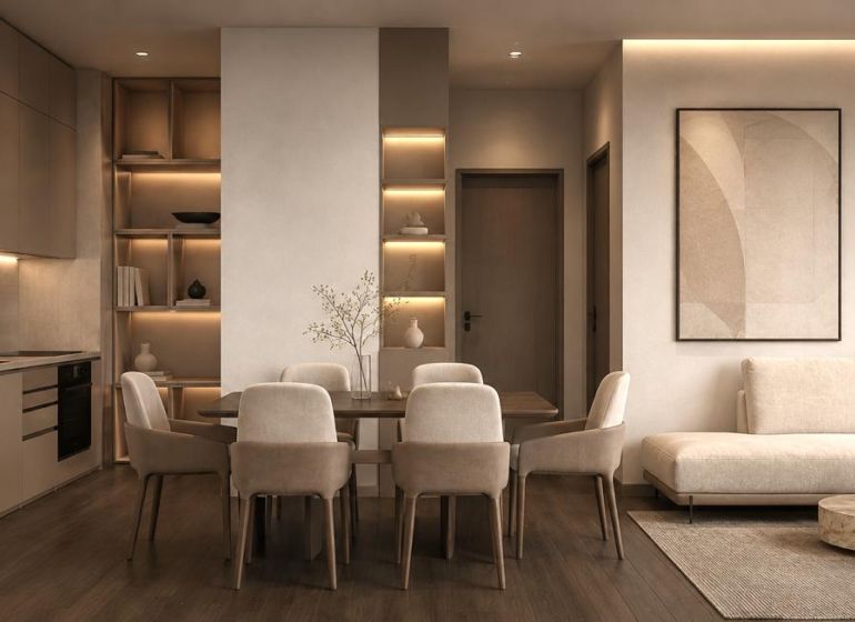Étkező sarok és konyha a Nyaraló apartmanban fa dekor padlóval.
