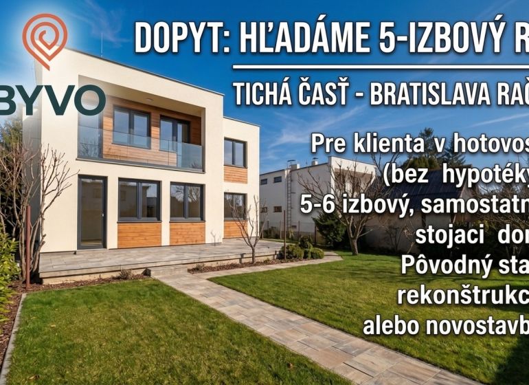 Családi ház Pozsony-Rača városrészben, fa dekorációjú homlokzattal és rendezett kerttel.