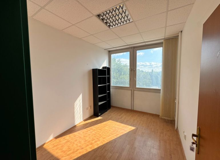 Irodák fa dekor padlóval és zöldre néző ablakokkal.