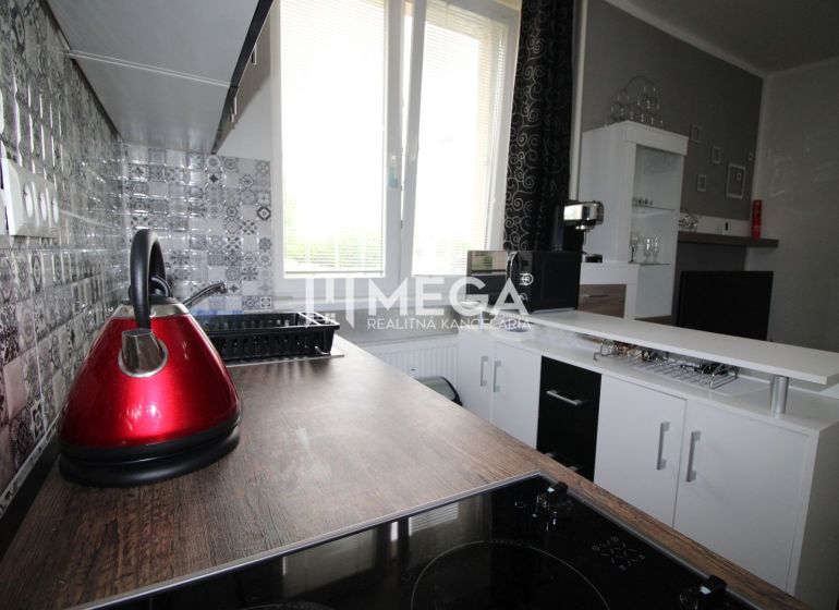 Konyhabútor dekoratív burkolatokkal és készülékekkel a Nyaraló apartmanban.