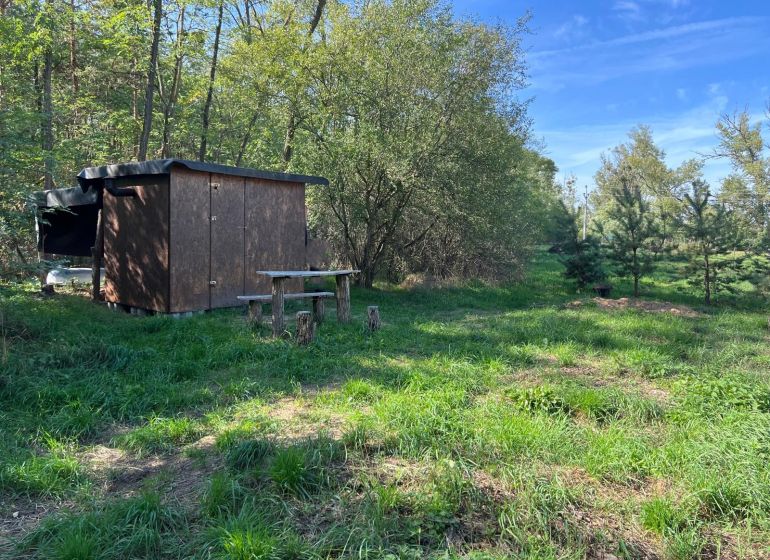Kopcsányi kertek fából készült pavilonnal, fákkal és zöld fűvel körülvéve.