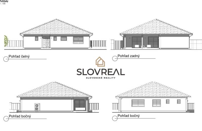 Náčrt rodinného domu s detailmi z rôznych pohľadov; inovácie v architektúre.