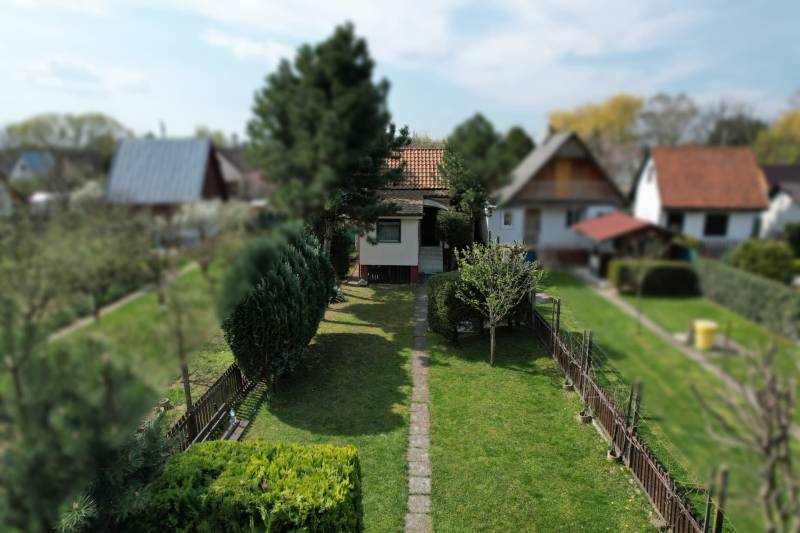 Chata na ulici Kráľová nad Váhom obklopená zeleňou a stromami, upravená záhrada.
