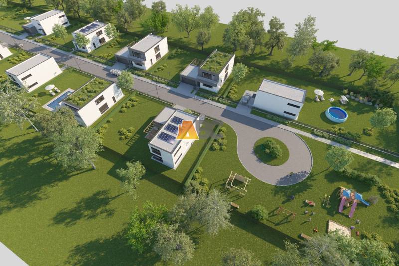 Výhľad na ulicu Záhorská, pozemky pre bývanie so zelenými strechami a ihriskom.