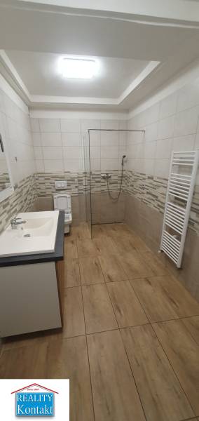 Priestranná kúpeľňa, 1-izbový byt, obsahuje sprchu, umývadlo, toaletu, posuvné dvere a dlažbu.