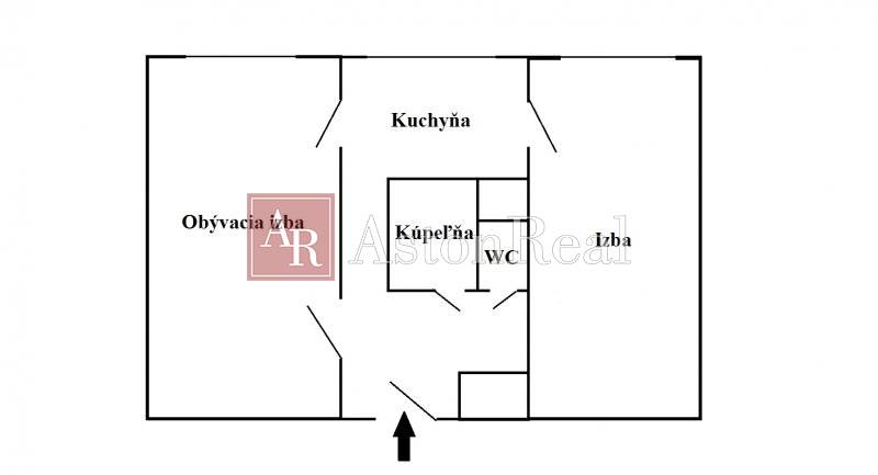 Pôdorys zobrazujúci dispozíciu dve izby, kuchyňu, kúpeľňu a WC v 2-izbovom byte.