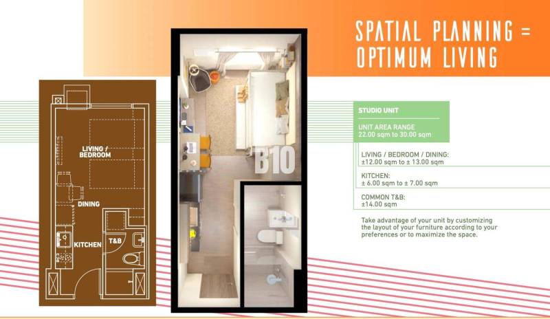 1 szobás lakás alaprajza konyhával, nappalival és fürdőszobával, optimalizált tér.