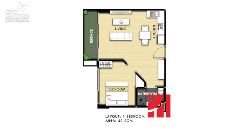 2 szobás lakás alaprajza terasszal, konyhával, nappalival és fürdőszobával. Területe 49 m².