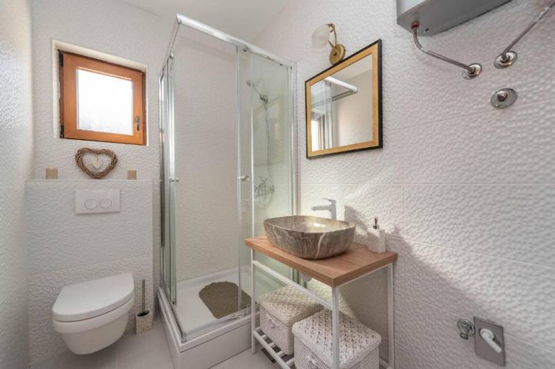 Fürdőszoba családi házban zuhanyzóval, mosdókagylóval a pulton és WC-vel.