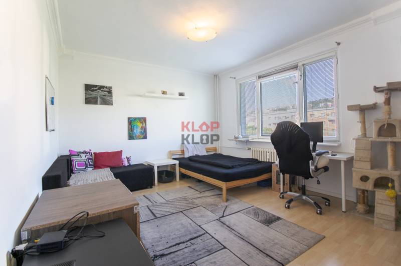Nappali ággyal, kanapéval és íróasztallal egy garzonlakásban.