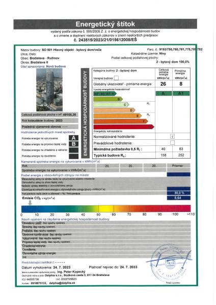 Energiacímke a pozsonyi Pribinova utcában található lakóházra vonatkozóan egy 2 szobás lakást értékel.