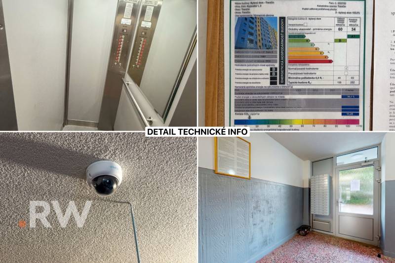 Kijevi lakóház Trencsénben: lift, energetikai tanúsítvány, biztonsági kamera, bejárati folyosó.