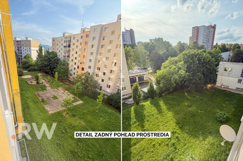 Kilátás egy egyszobás lakásból a trenčíni Kyjev utcában, környező panelházakkal és zöldterülettel.