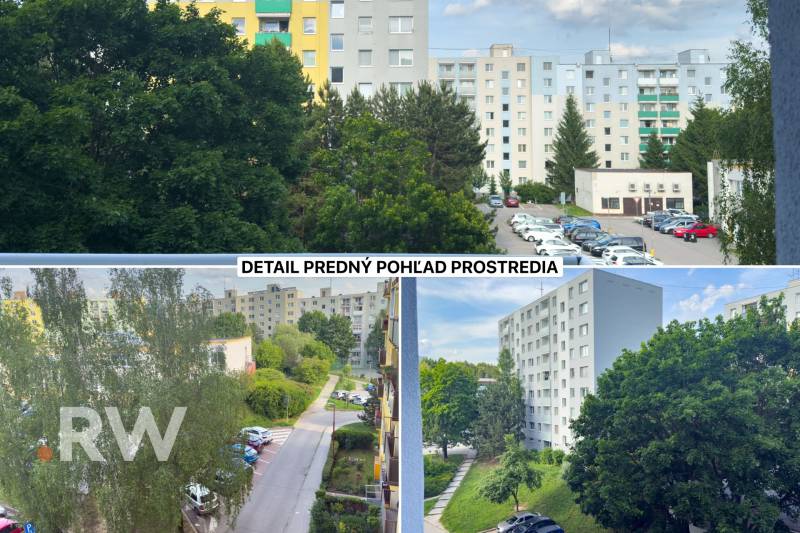 Kilátás egy egyszobás lakásból Trencsénben, a Kijev utcán, környező zöld területekkel és panelházakkal.