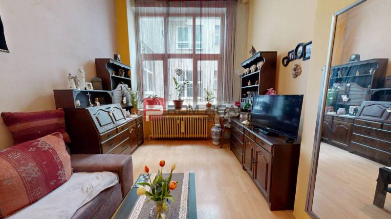 Nappali egy kétszobás lakásban antik bútorokkal, televízióval és nagy ablakkal.